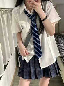 1pc Women's Classic JK Striped Tie, Hand-Tied, School Style, Dark Blue DK Uniform Shirt, Japanese Basic Style, Korean Version, Daily Accessory - Multicolor - View 2