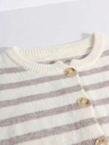 Women's Plus Size Vintage Striped Cardigan, Casual Daily Wear, Suitable For Dating, Shopping, Spring, Autumn And Winter - Khaki - View 4