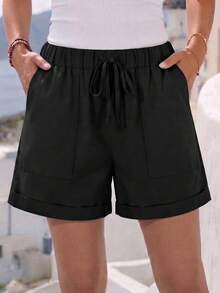 Jisfaneya Women's Solid-Color Drawstring Waist Shorts For Vacation And Leisure Casual Black Summer - Black - View 2