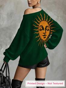 ASHKATIA Women's Plus-Size Knitted Top With Emerald Sun Pattern Print, Off-Shoulder, Autumn And Winter Lantern Sleeve Top - Multicolor - View 2