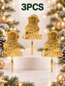 3件組金色鏡面壓克力聖誕蛋糕裝飾插牌,雷雕雪人拿燈籠與Merry Christmas文字,適用聖誕派對、冬季慶祝與甜點桌節日蛋糕裝飾 - D - 查看 10