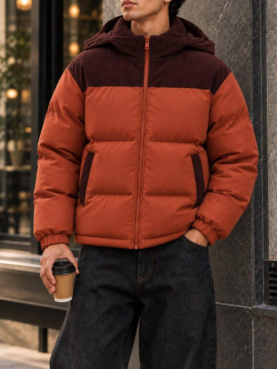 男士冬季連帽填充外套，燈芯絨拼接設計，標準版型，長袖附口袋