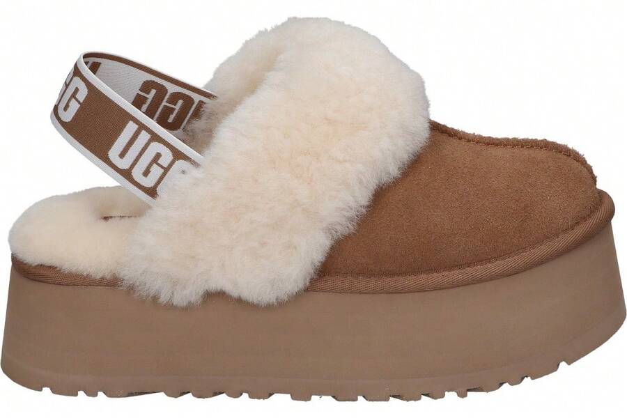 UGG | Women's Funkette Platform Shoes – Camel Suede Platform Clogs With Sheepskin Lining And Collar, Elastic UGG Logo Backstrap, EVA Sole - Camel - View 1