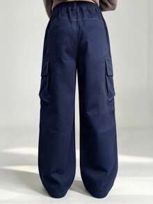 Girls Casual Versatile Solid Color Cargo Pants, Straight Leg Long Trousers, Children's Clothing - Navy Blue - View 5