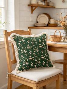 1PC Green Background Floral Print Tassel Square Pillow Cover, Double-Sided Printing, American Country Style, Used For Sofa Bedroom Home Decoration, Versatile Decorative Pillow Cover(Excluding Pillow Core)-Size Excludes 3cm Tassels - Multicolor - View 7