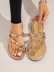 Wide Fit Women's Plus Size Wide Toe Box Sandals, Gold Metallic Decor Toe Cap Slides, Oval Metal Ornament Flat Strap Sandals, Vacation Style Summer Outdoor Beach Slippers - Gold - View 2