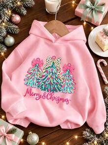 [Christmas]Tween Girl Pink Christmas Tree Leopard Print Bow Letter Print Sweatshirt, Fleece Lined Thick Long Sleeve Pullover Casual Top, Girls Autumn/Winter Christmas Outfit, Holiday Party Daily Wear - Pink - View 3