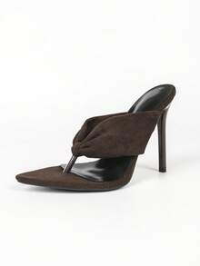 Women Pointed Front High Heel Mules, Brown Suede Finish, Thong Style Tied Knot Strap, Slip On Design, Stiletto Heel, Night Out Party Shoes - Brown - View 9