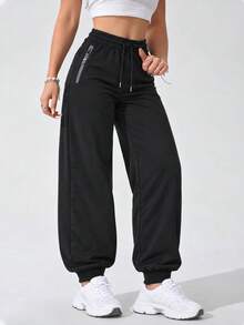 Women's Solid Color High Waist Drawstring Elastic Waist Tapered Jogger Pants With Zipper Pockets Casual Athletic Sweatpants - Black - View 6