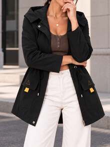 Women's Hooded Utility Jacket With Adjustable Cinched Waist Flap Pockets Zip Front Casual Mid Length Coat - Black - View 9