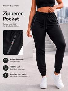 Women's Solid Color High Waist Drawstring Elastic Waist Tapered Jogger Pants With Zipper Pockets Casual Athletic Sweatpants - Black - View 1