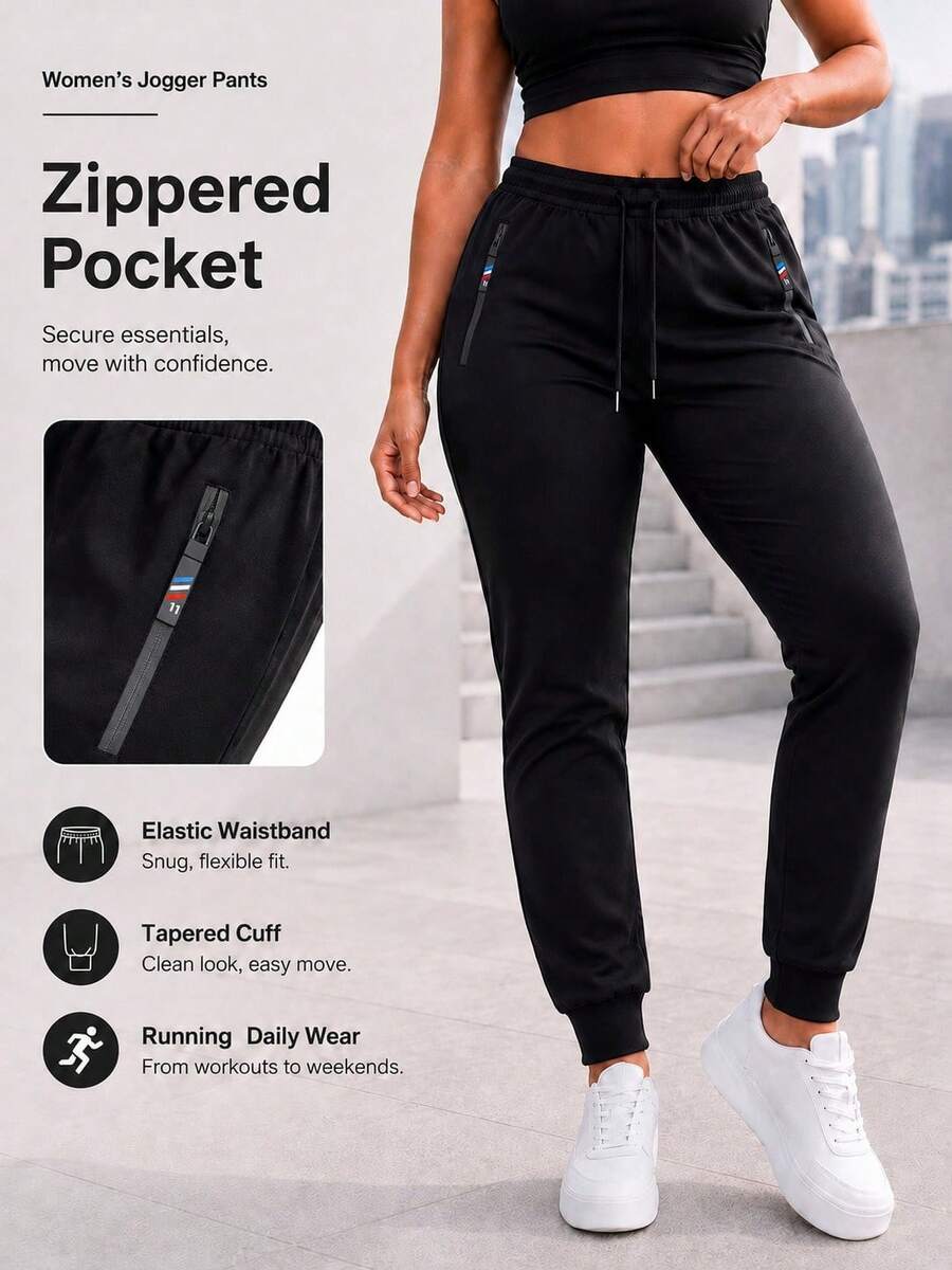 Women's Solid Color High Waist Drawstring Elastic Waist Tapered Jogger Pants With Zipper Pockets Casual Athletic Sweatpants - Black - View 1