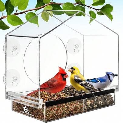 1pc Clear Acrylic Window Bird Feeder With Strong Suction Cups, House Shape Wild Bird Feeder, Dual Compartment Seed Tray For Outdoor Bird Watching