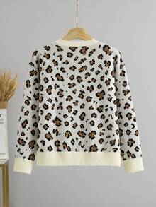 BYGOUBY Women's Autumn/Winter Leopard Print Front Button Long Sleeve Knit Cardigan, Casual Round Neck Drop Shoulder Sweater Jacket - Apricot - View 7
