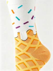 1/5 Pairs Sweet Girl Style Melting Ice Cream Cone Pattern Mid-Calf Socks, Colorful Sprinkles Design, Fun Cartoon Socks For Autumn New Arrival, Daily Wear - Multicolor - View 5