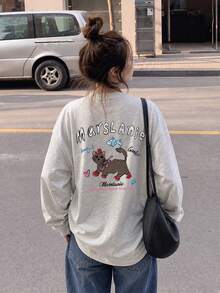 Women's Fashion Autumn/Winter Loose Minimalist Versatile Cartoon Cat Print Long Sleeve T-Shirt - Light Gray - View 3