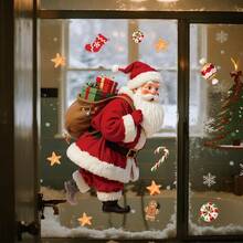 BRUP 1PC Cartoon Santa Claus Window Sticker, Double-Sided Printed, Christmas Decor For Kids Room, Gift Sack Candy Cane Gingerbread Man Glass Holiday Decal - Multicolor - View 2