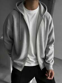 Men's Full Zip Hoodie, Casual Loose Fit, Zip-Up Hooded Sweatshirt Jacket - Light Grey - View 1