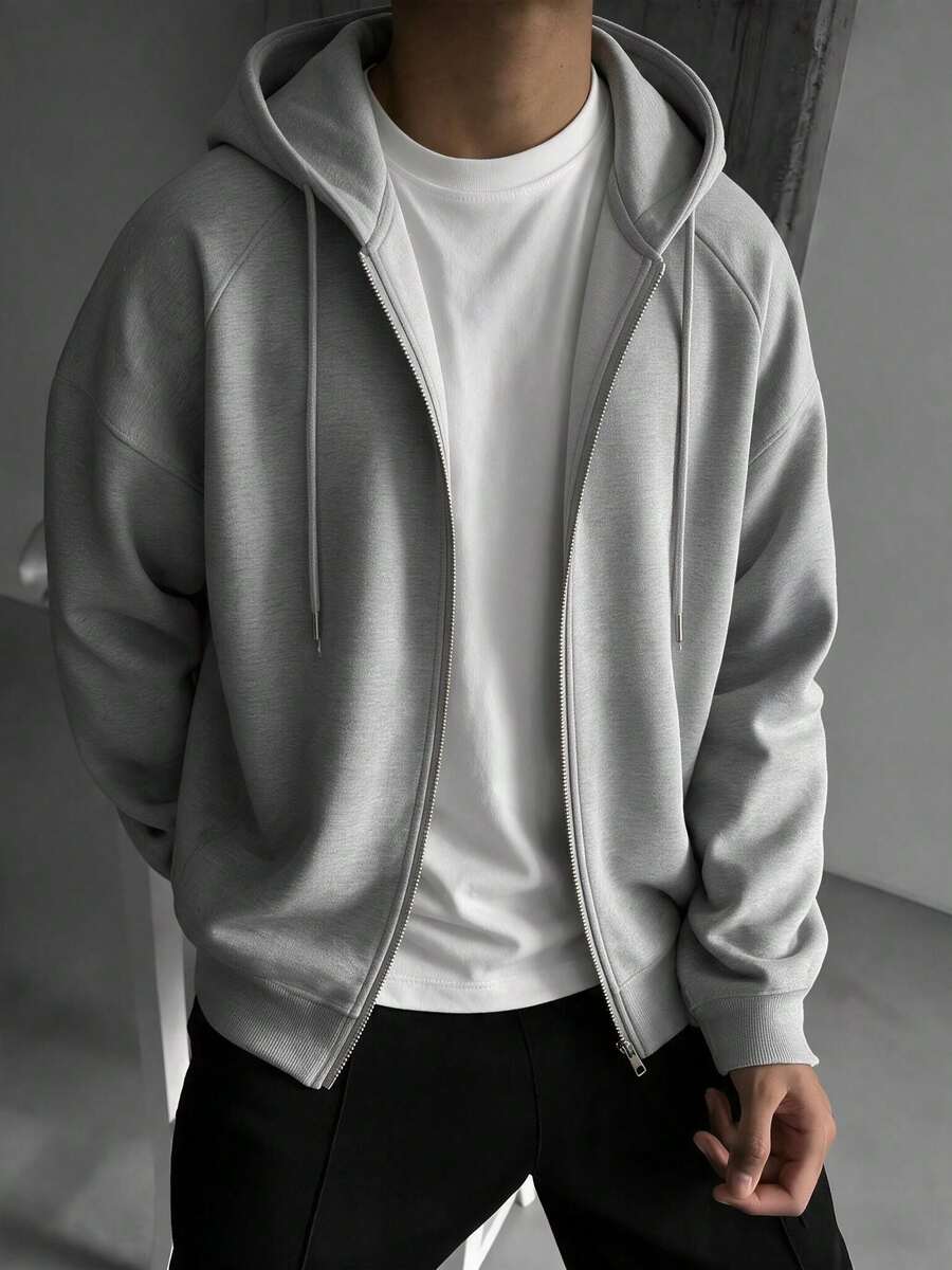 Men's Full Zip Hoodie, Casual Loose Fit, Zip-Up Hooded Sweatshirt Jacket - Light Grey - View 1