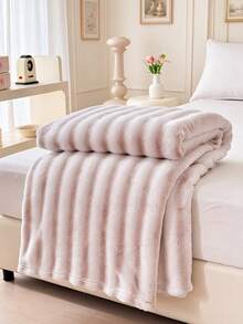 1pc Striped Print Faux Rabbit Fur Blanket, Soft Comfortable Warm Blanket For Home Decor, Suitable For Bed, Sofa, Office, Room Decoration, Dorm, Machine Washable - Light Khaki - View 8