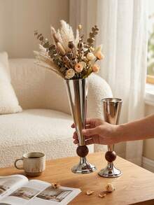 Silver Fluted Trumpet Vase,Tall Decorative Table Vase For Dried Flowers, Wedding Centerpiece Home Tabletop Decor,Vase For Bunny Tail Grass, Aesthetic Home Decor, Farmhouse Table Decor, Party Table Decoration, Housewarming Gift. - Fashionable Style - View 2