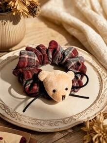 1pc Dual-Color Plaid Bear Hair Scrunchie, Versatile Large Hair Tie Suitable For Daily Wear - Multicolor - View 10