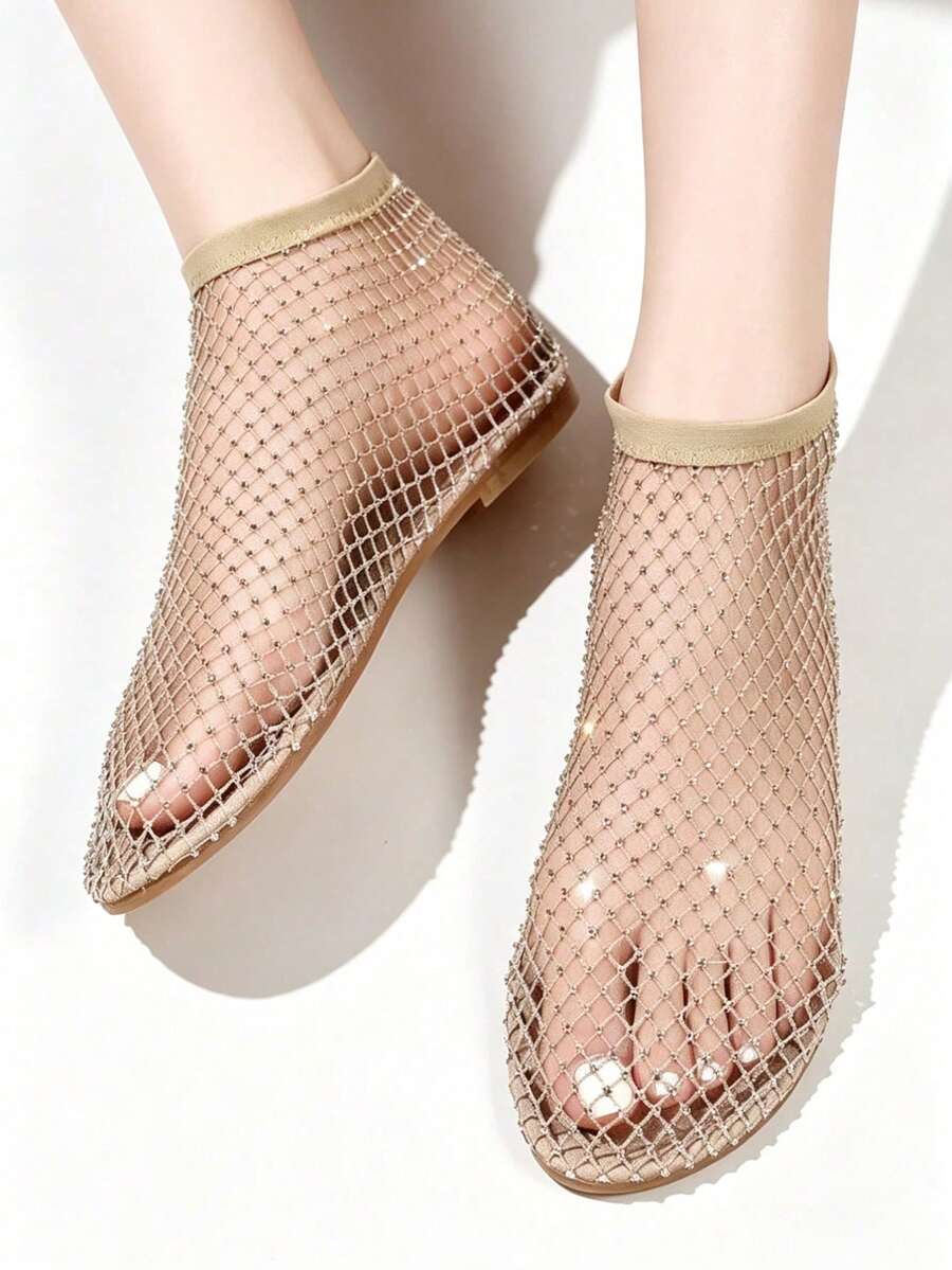 1 Pair Women's Rhinestone Fishnet Sandals - Super Comfortable Breathable Mesh Flat Shoes, Low Heel Lightweight Casual Summer Footwear