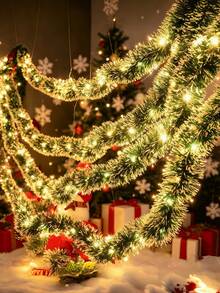 1pc 6m/19.69ft Christmas Green Metal Ribbon Lights, Battery Powered, Suitable For Christmas Tree Green Decoration, Home Party, Bedroom, Garden And Christmas Party Atmosphere Lighting - Green and White - View 2
