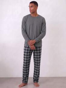 Snug League 2pcs Men's Plus Size Casual Loose Minimalist Pullover Sweatshirt With Pockets & Plaid Lounge Pants Pajama Set, Suitable For Spring - Light Grey - View 4