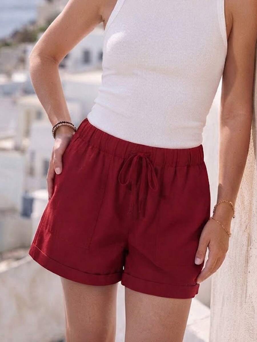 Jisfaneya Women's Solid-Color Drawstring Waist Shorts For Vacation And Leisure - Burgundy - View 1