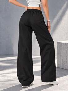 Women Black Wide Leg Pants With Elastic Drawstring Waist And Zipper Pockets Casual Loose Fit Full Length Trousers - Black - View 6