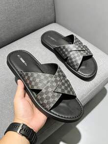Men's Luxury Vintage Printed Slippers, Open Toe Design With Metal Logo Decoration, Non-Slip Thick Sole, Suitable For Outdoor, Beach Or Street Wear, Casual Summer Roman Sandals - Black - View 1