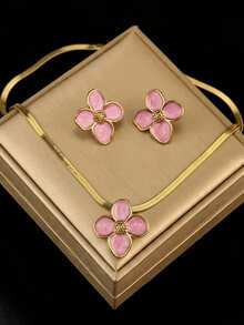 RAYQUEEN Stainless Steel Drip Oil Flower Necklace & Earrings Set, Luxury Niche High-End Non-Fading Jewelry Set, Suitable For Gifts - Pink - View 10