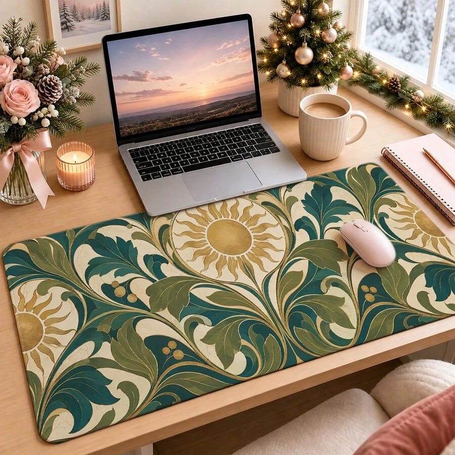 1pc Vintage Sun Floral Large Desk Mat, Non Slip Extended Mouse Pad, Art Nouveau Aesthetic Desktop Decor - View 1