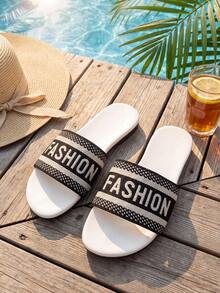 Black White Strap Slide Sandals, Chic Flat Open Toe Slippers With Letter Print, Summer Casual Shoes For Beach Holiday Daily Party - White - View 4