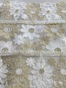HXARTMIS 1pc French Vintage Daisy Chain Embroidered Sheer Lace Rectangular Tablecloth, White & Gold Hollow Scalloped Lace Table Cover, Suitable For Dining Table, Wedding, Party And Home Romantic Decor - Multicolor - View 5