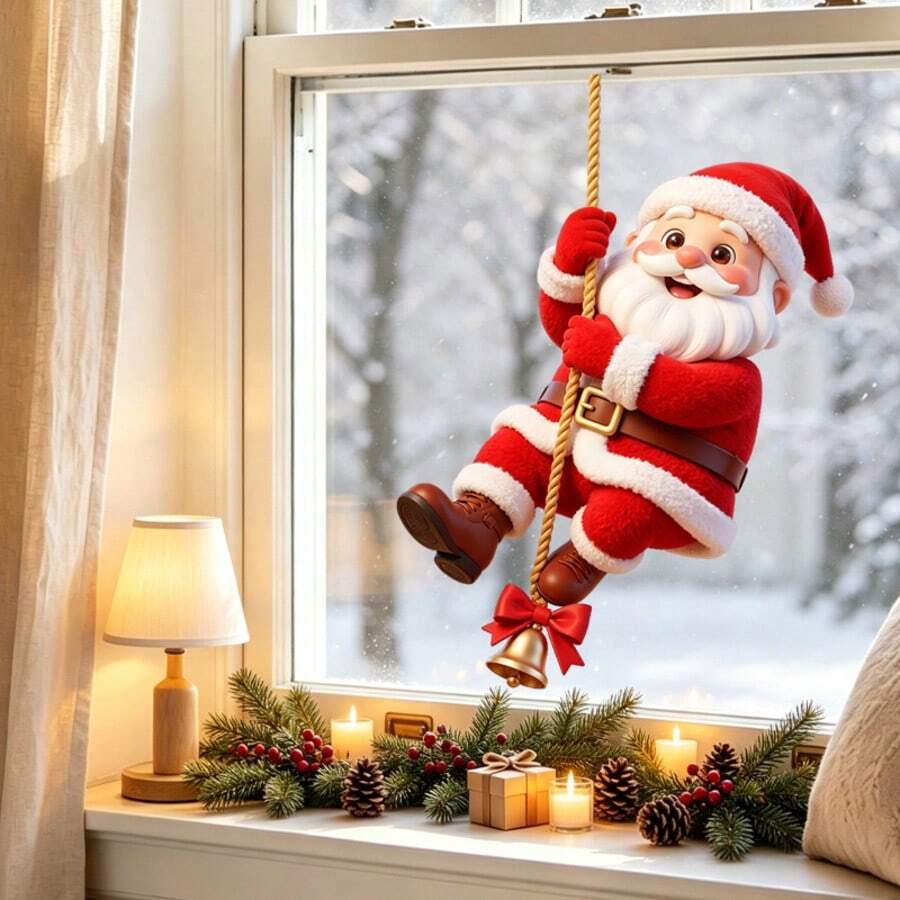 1pc Santa Claus Climbing Bell And Bow Rope Window Sticker, Double-Sided Visible PVC Electrostatic Adsorption Window Sticker, Suitable For Living Room, Bedroom, Kitchen, Dining Room, And Shop Decoration. - Multicolor - View 1