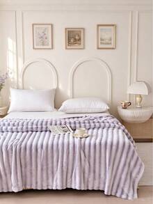 1pc Striped Print Faux Rabbit Fur Blanket, Soft Comfortable Warm Blanket For Home Decor, Suitable For Bed, Sofa, Office, Room Decoration, Dorm, Machine Washable - Mauve Purple - View 11