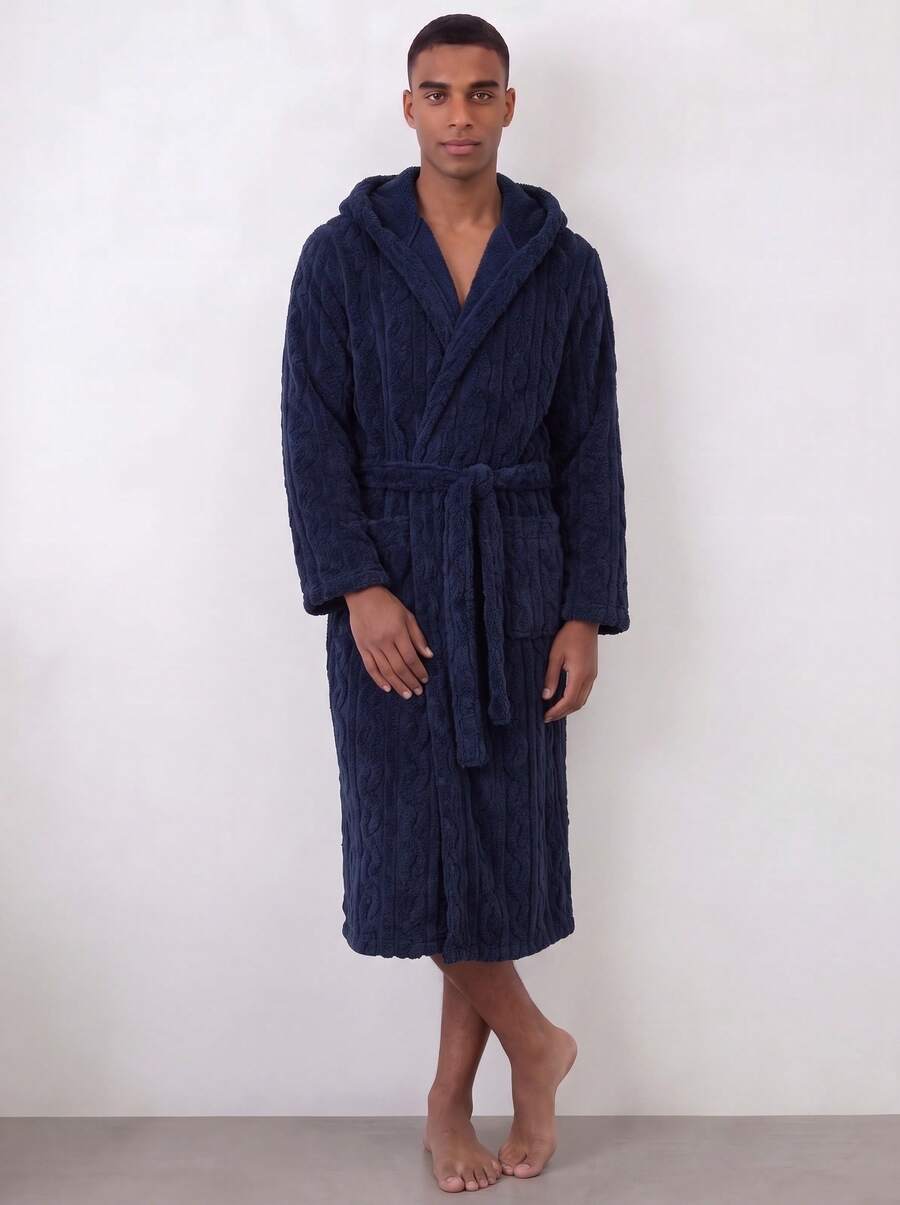 Snug League 1pc Men's Textured Pocket Tie Hooded Bathrobe Casual Style - Navy Blue - View 1