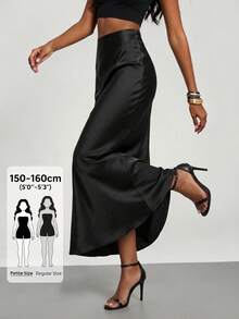 [Women's Petite] Fashionable Women's Elastic Satin Trim Long Skirt, Suitable For All Seasons - Black - View 1