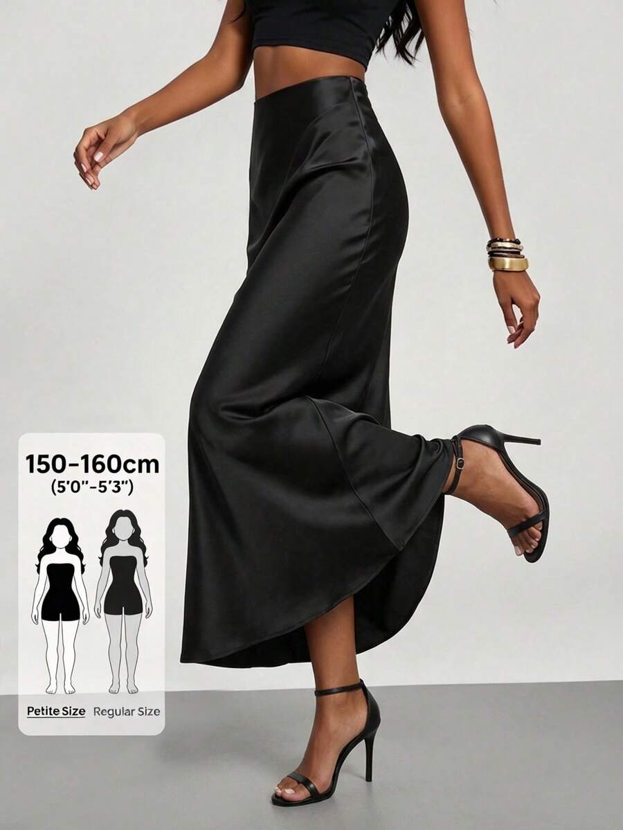 [Women's Petite] Fashionable Women's Elastic Satin Trim Long Skirt, Suitable For All Seasons - Black - View 1
