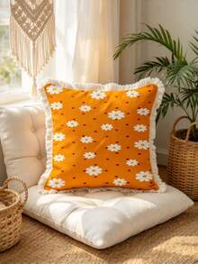 1PC Orange Polka Dot Daisy Print Tassel Square Pillow Cover, Double-Sided Printing, Simple And Fresh Style, Used For Sofa Bedroom Home Decoration, Versatile Decorative Pillow Cover(Excluding Pillow Core)-Size Excludes 3cm Tassels - Multicolor - View 6