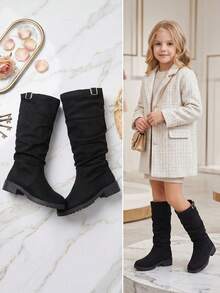 1 Pair Fashionable Kids' Tall Boots, Girls' Plus Size High-Top Boots, Black Suede Pleated High-Top Riding Boots, Thick Sole, Teenager Best Friend Outfit, Parent-Child Matching, Suitable For Autumn/Winter Daily Wear, Vacation And Travel - Black - View 5