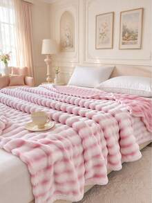 1pc Striped Print Faux Rabbit Fur Blanket, Soft Comfortable Warm Blanket For Home Decor, Suitable For Bed, Sofa, Office, Room Decoration, Dorm, Machine Washable - Pinkish White - View 6