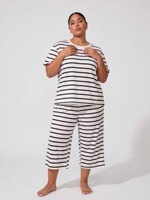 2pcs/Set Plus Size Women Cute Striped Short Sleeve T-Shirt And 3/4 Pants Pajama Set, Knit Fabric For Spring, Summer, Autumn, Slightly Elastic - Beige - View 2