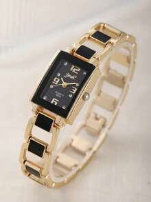 4pcs Fashion Jewelry Women's Watch And Bracelet Set, Gold Square Black Dial Quartz Wristwatch, Rhinestone Dial Commuter Quartz Watch, Suitable For Daily Commute, Party, Evening Wear, Valentine's Day, Mother's Day, Birthday Gift - Gold - View 3