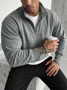 Men's Solid Color Zipper Design Long Sleeve Casual Loose Fit Sweatshirt - Dark Grey - View 2
