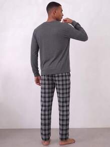 Snug League 2pcs Men's Plus Size Casual Loose Minimalist Pullover Sweatshirt With Pockets & Plaid Lounge Pants Pajama Set, Suitable For Spring - Light Grey - View 8
