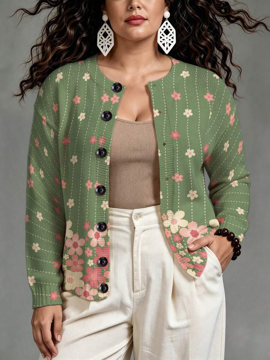 ASHKATIA Women's Plus-Size Vintage Cardigan Sweater, All-Over Floral Print Fall Winter Knit For Social Occasions - Multicolor - View 1