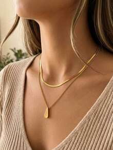 RAYQUEEN 1pc Hot-Selling Stainless Steel Double-Layer Water Drop Pendant Necklace For Women, Suitable For Daily Wear And Gifting - Gold - View 7
